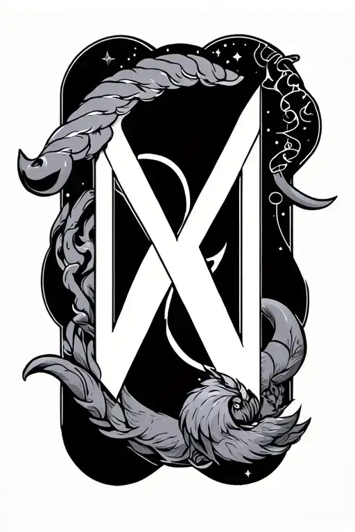aquarius, virgo, bull, sleep token style, E letters and M tattoo design idea