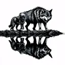 wolf cub standing next to man looking at reflection of small boy next to big angry wolf tattoo design idea