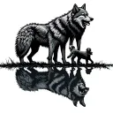 wolf cub standing next to man looking at reflection of small boy next to big angry wolf tattoo design idea