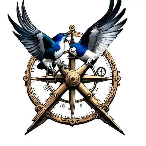 sextant with two swallows steampunk  tattoo design idea