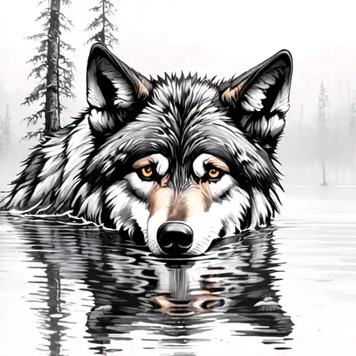 Wolf Reflection In Water tattoo design idea