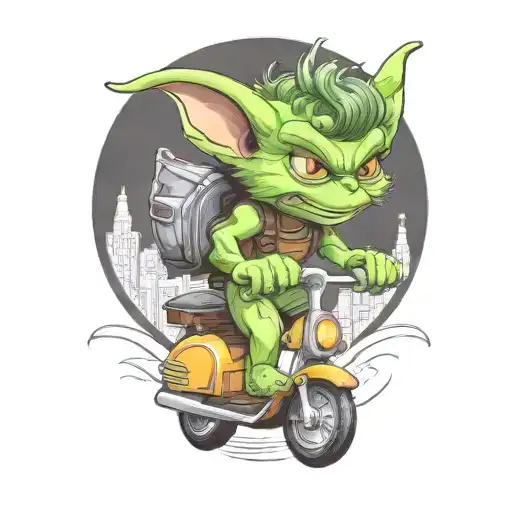 gremlin riding a scooter curly hair Gavin name tattoo tattoo design idea