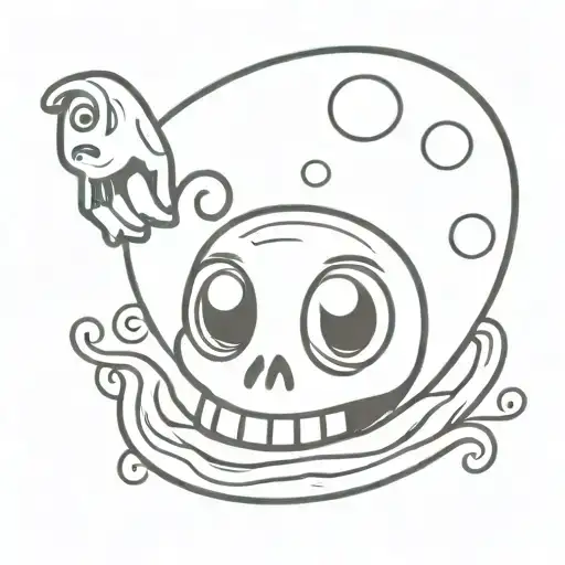Cartoon skull, an animated slug with big eyes and a smiling jelly tattoo design idea
