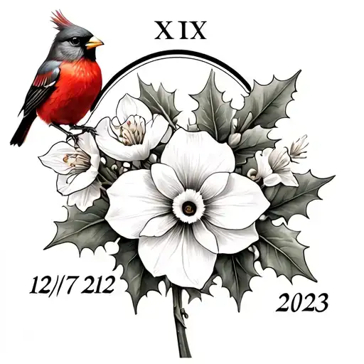 right arm with a flower of narcissus and holly with a roman numeral date of 12/17/2023 with a cardinal perched on the br tattoo design idea