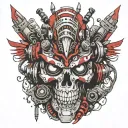bio mechanical robot with a skull head and grenade mohawk. American tribal all over the suface of the armor. black red w tattoo design idea