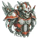 bio mechanical robot with a skull head and grenade mohawk. American tribal all over the suface of the armor. black red w tattoo design idea