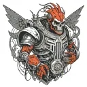 bio mechanical robot with a skull head and grenade mohawk. American tribal all over the suface of the armor. black red w tattoo design idea