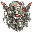 bio mechanical robot with a skull head and grenade mohawk. American tribal all over the suface of the armor. black red w tattoo design idea