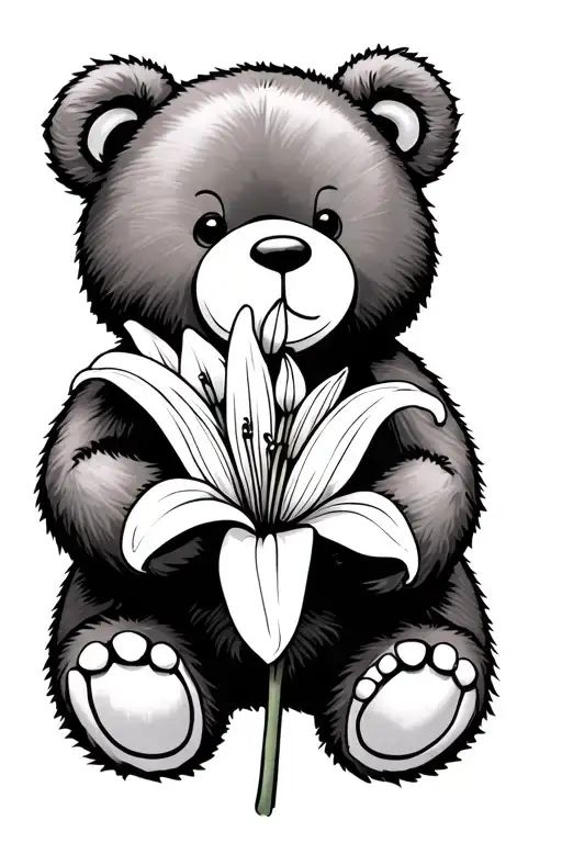 teddy bear holding a lilly flower tattoo design idea