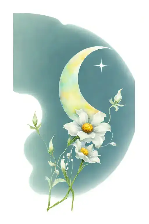 crescent moon with a daisy, sweetpea flowers and a poppy and gladiolus flower and a heart tattoo design idea