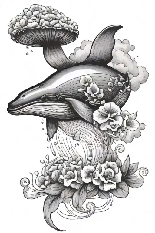 whale and bowl of petunias falling through clouds  tattoo design idea