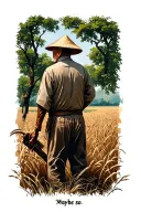 "Maybe so" "Maybe so" old Chinese farmer working in field facing away tattoo design idea