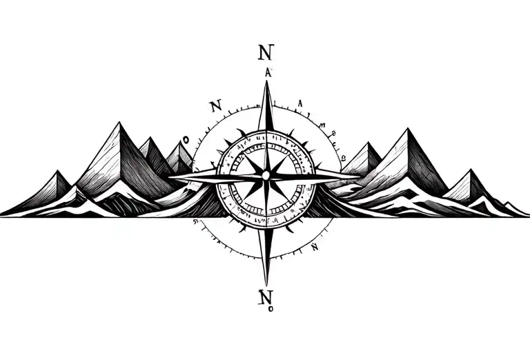 large compass surrounded by intricate geometric mountains and waves, black and white, add triangle frame tattoo design idea