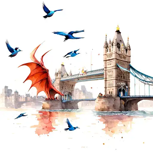 A large Red Wyvern, flying around the London Bridge with seven smaller Blue Jays. Water at the bottom of the design. tattoo design idea