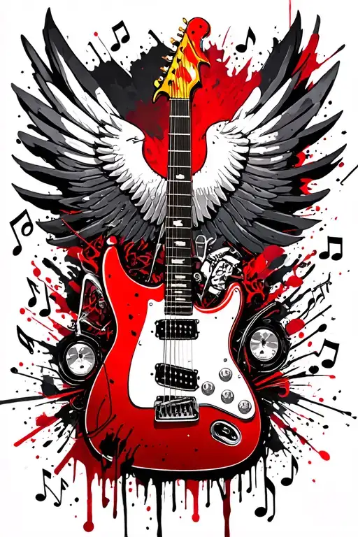 Red and white Avenger guitar behind a 1976 Trans Am hood bird surrounded by music notes.  tattoo design idea