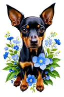 Miniature Pinscher aurrounded by forget me not flowers tattoo design idea