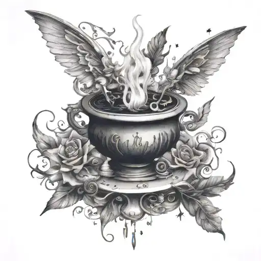 A magical inkwell overflowing with fairies and witches casting spells on paper tattoo design idea