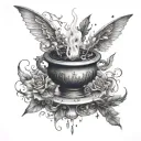 A magical inkwell overflowing with fairies and witches casting spells on paper tattoo design idea