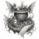 A magical inkwell overflowing with fairies and witches casting spells on paper tattoo design idea