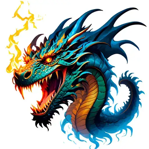 Dragon releasing fire from the mouth, the bottom of the tattoo needs to be raining with lightning tattoo design idea