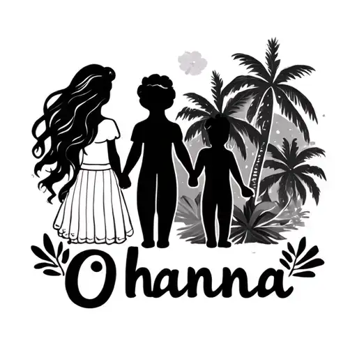 "Ohana" "Ohana" mom and son holding hands reaching no flowers add palm trees  tattoo design idea
