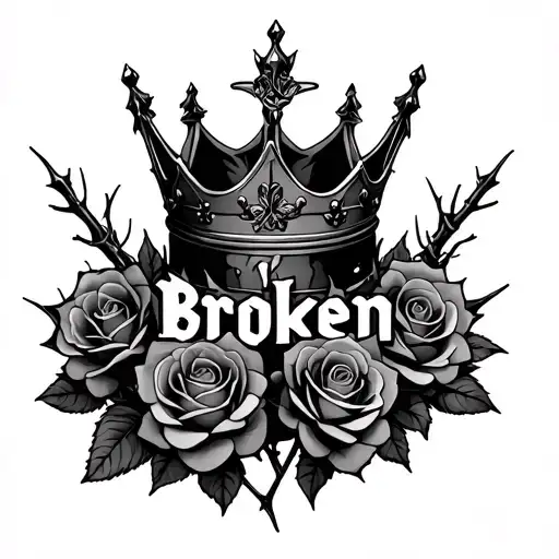 broken king crown surrounded with roses and thorns spelling broken intertwined in the roses and thorns tattoo design idea