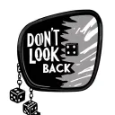 rear view mirror with words "don't look back" in it with dice hanging from mirror tattoo design idea