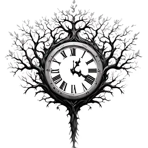 tree and clock face tattoo design idea