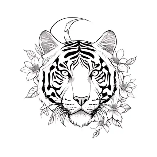 fine line tiger, moon and flowers with shading  tattoo design idea