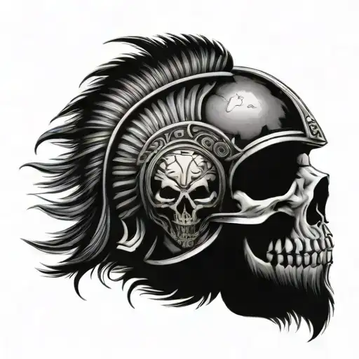 gladiator helmet topped with a beautiful mane, with a skull inside slightly blurred tattoo design idea