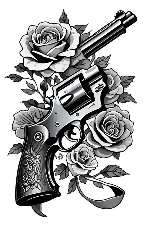 peacemaker revolver with roses and ribbon tattoo design idea