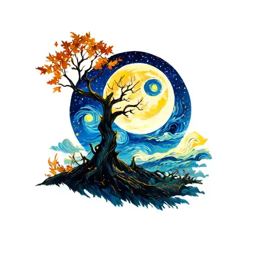 Tattoo of Starry Night style background of the swirls and moon with a tree in the fall with some leaves on the left side tattoo design idea