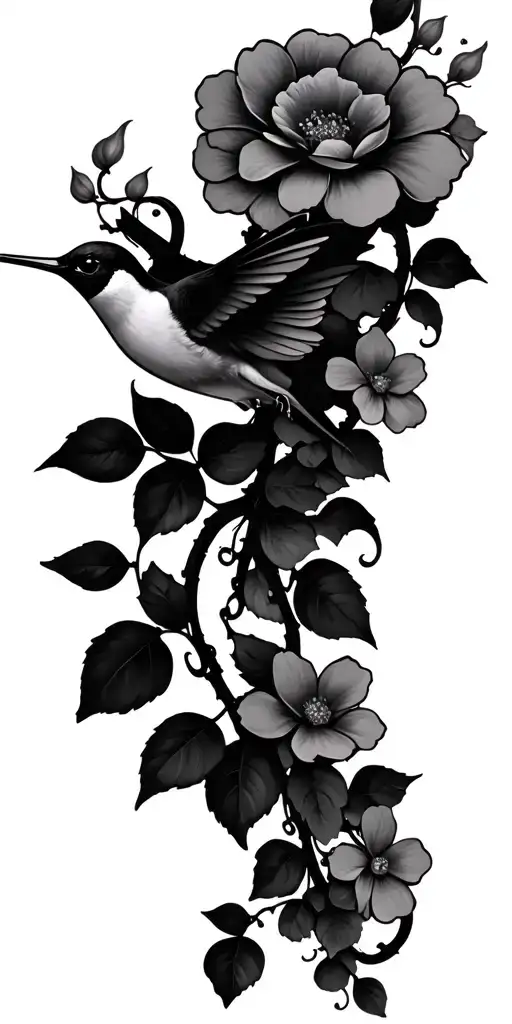 enchanting flowering vine wrap and hummingbird hovering tattoo design idea