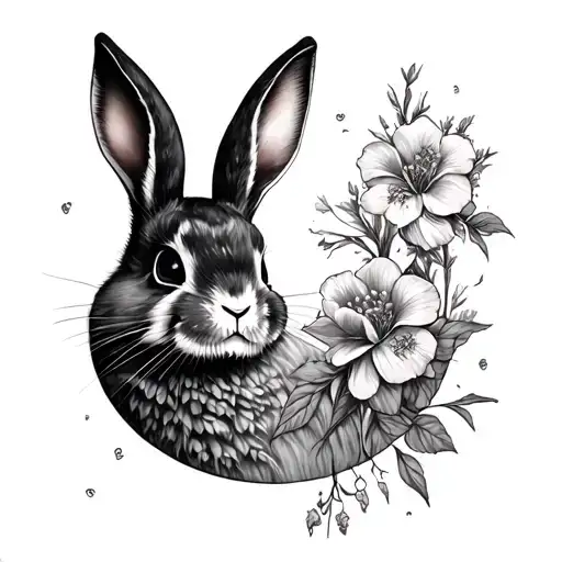 moon bunny + snapdragon flowers and skulls tattoo design idea