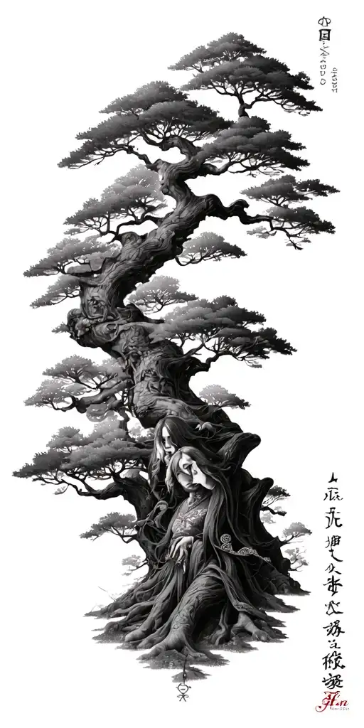 "Alex, Elena, Samual, Henry" Japanese Family Tree tattoo design idea