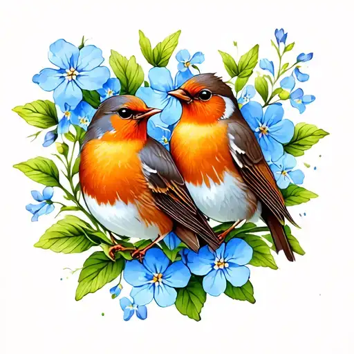 2 robins with forget me not flowers intertwined tattoo design idea