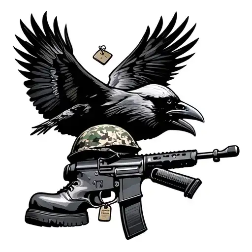 raven flying over a military helmet, boots, and m16 wrapped in dog tags  tattoo design idea