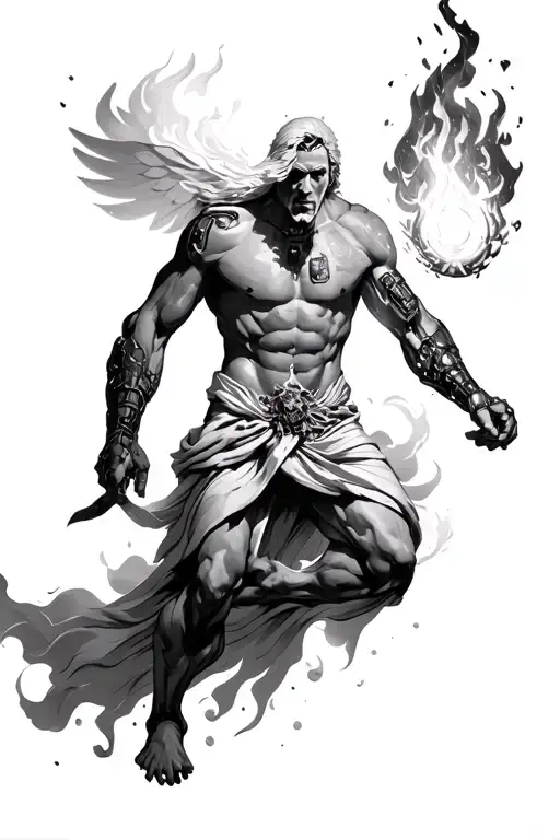 Prometheus stealing fire from the Gods, giving it to man, man evolving technologically, space and time travel, cyberpunk tattoo design idea