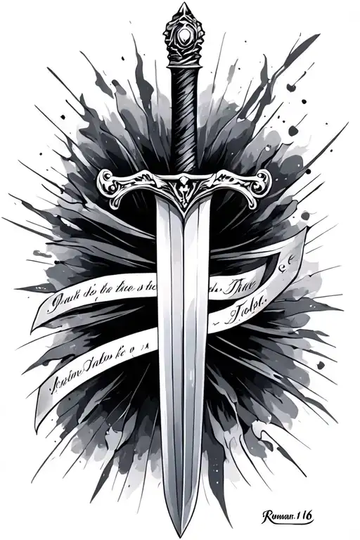 Sword with bible verse Romans 1:16 tattoo design idea