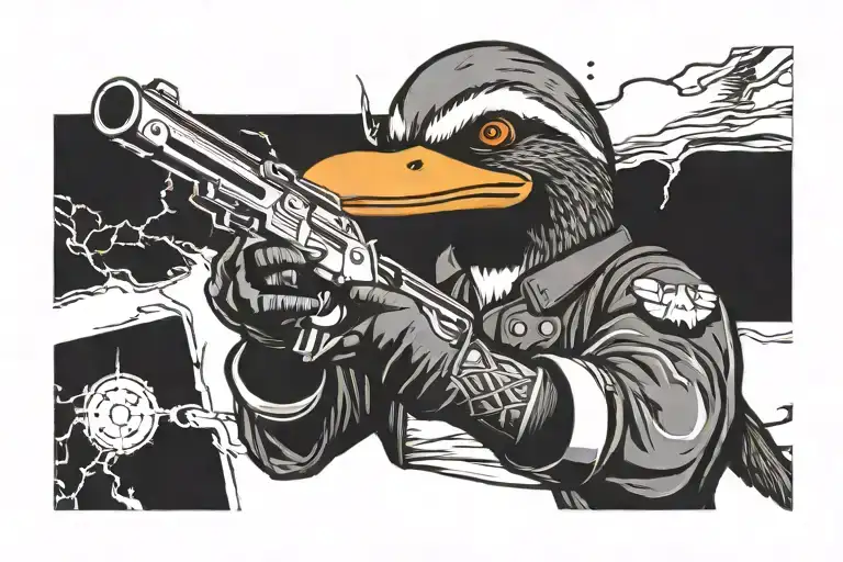 Badass Iron Duck holding a gun tattoo design idea
