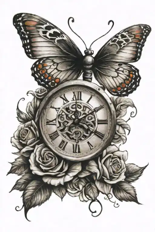 butterfly, clock, roses wrapped arms around herself tattoo design idea