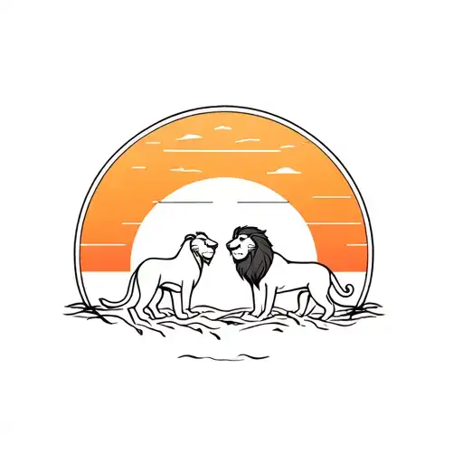 Simple Lion King tattoo with simba and mufasa looking off at a sunset with their backs facing tattoo design idea