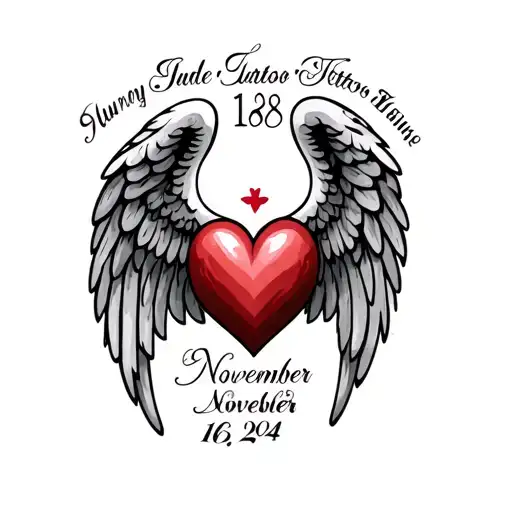 memorial tattoo using June 15 1968 and November 16 2024 with heart and angle wings  tattoo design idea