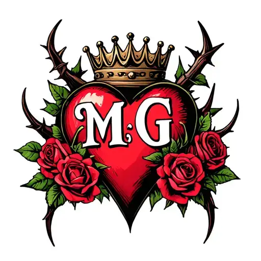 "M G" heart surrounded by thorns and roses with a crown adorned tattoo design idea