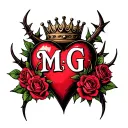 "M G" heart surrounded by thorns and roses with a crown adorned tattoo design idea