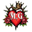 "M G" heart surrounded by thorns and roses with a crown adorned tattoo design idea