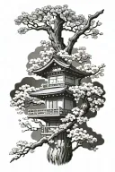 japanese girl, cherry blossom tree, japanese architecture tattoo design idea