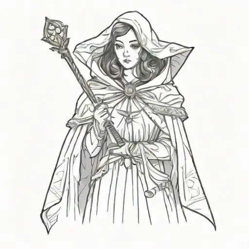 a woman wearing a cloak and holding a wand tattoo design idea