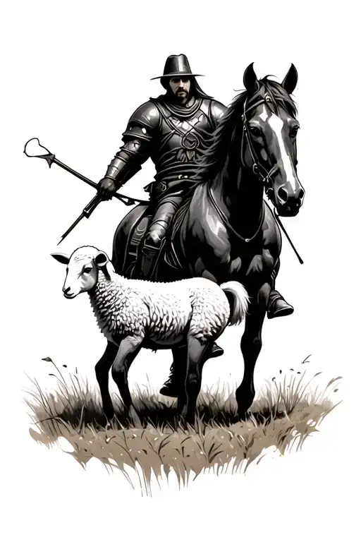 Horseman War on a horse next to a lamb standing tattoo design idea