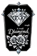 "Diamond in rough" big diamond with crown on top with roses filled with diamonds cascading down leg tattoo design idea